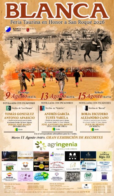 El Ayuntamiento de Blanca anuncia el fallo de los premios de la Feria Taurina en honor a San Roque 2026